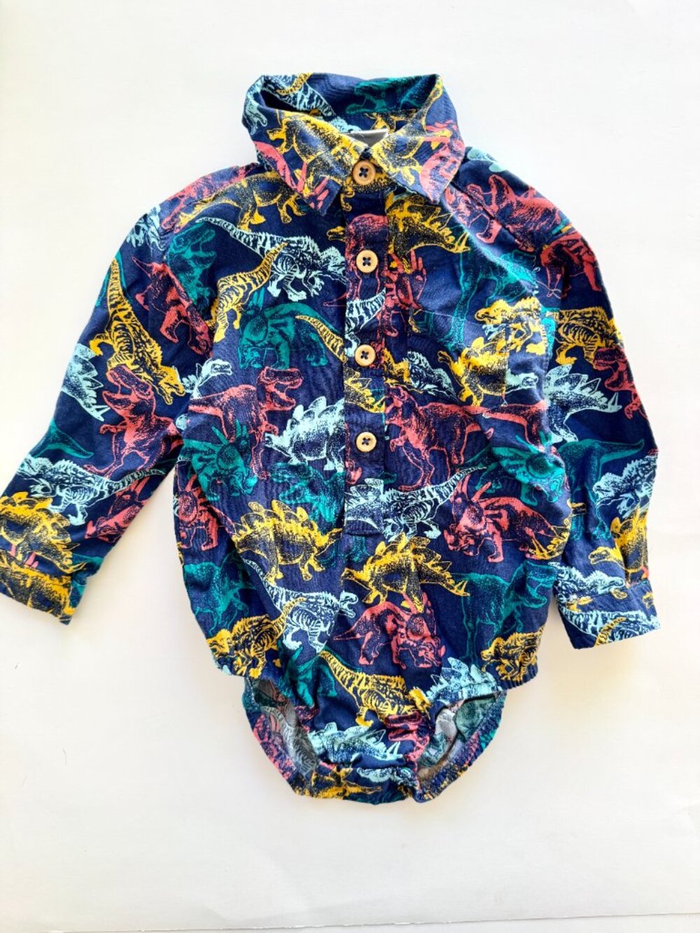 Mick Mack Ltd 6/9M Baby Boys Button-Up Dino Shirt Bodysuit Navy Cotton